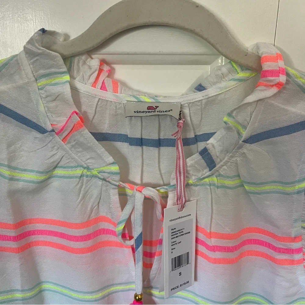 NWT Vineyard Vines Women’s Guava Multi-Stripe Ruffle Popover, Size Small - Picture 6 of 7